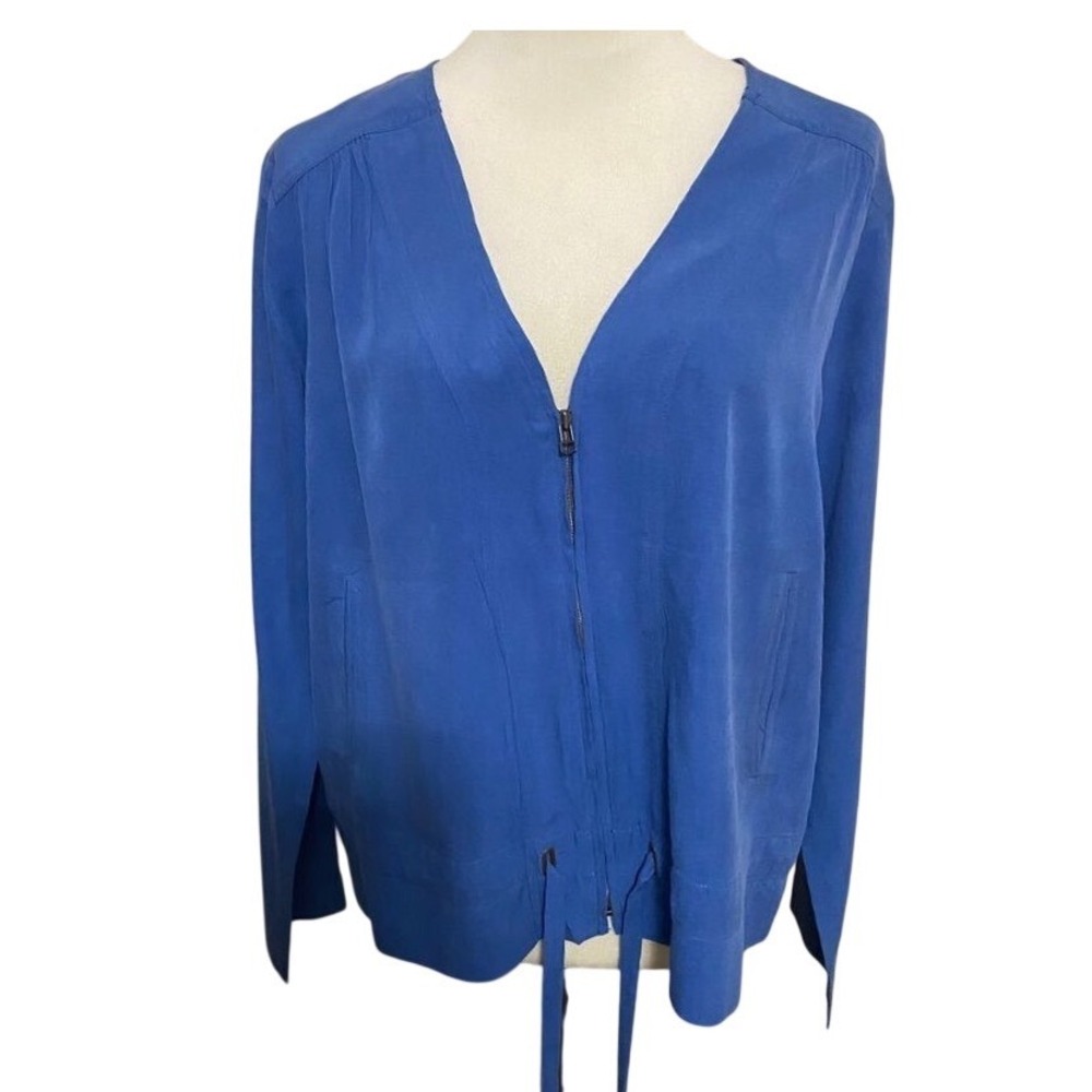 Pendleton Quiet Luxury Silk Jacket Women M Blue Zip Front Drawstring Blouse Chic
